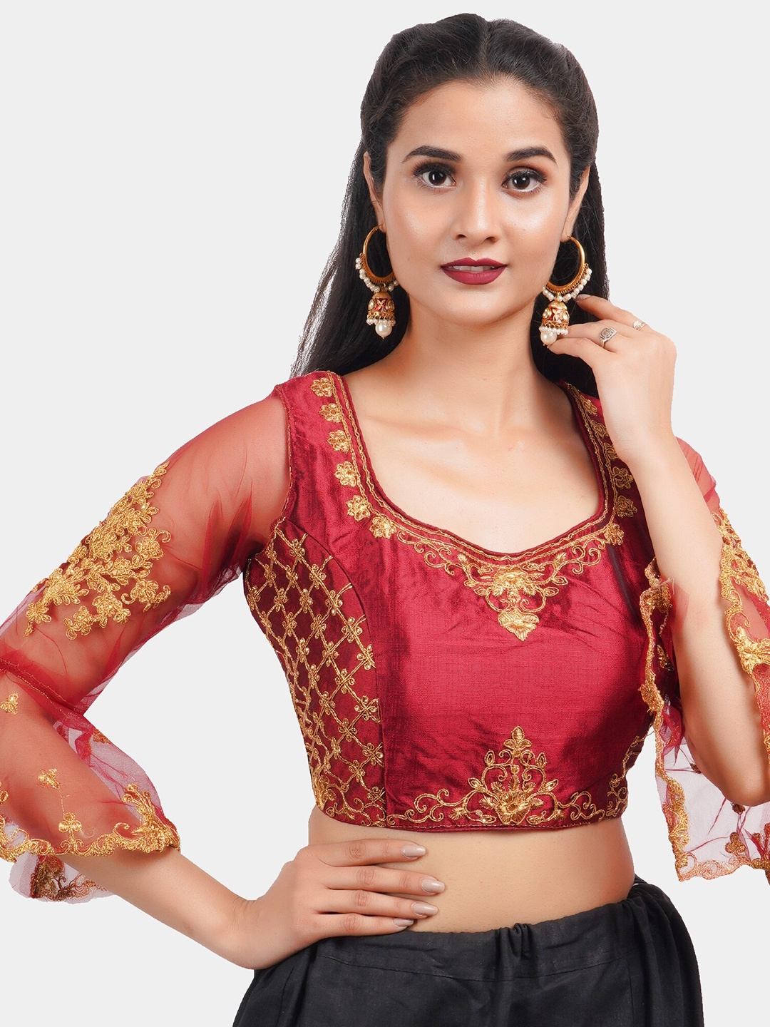 

Trendzmy Maroon Embroidered Silk Saree Blouse