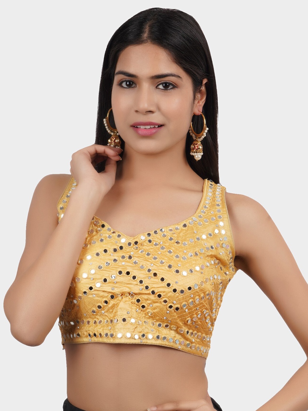 

Trendzmy Women Yellow Mirror Work Silk Saree Blouse