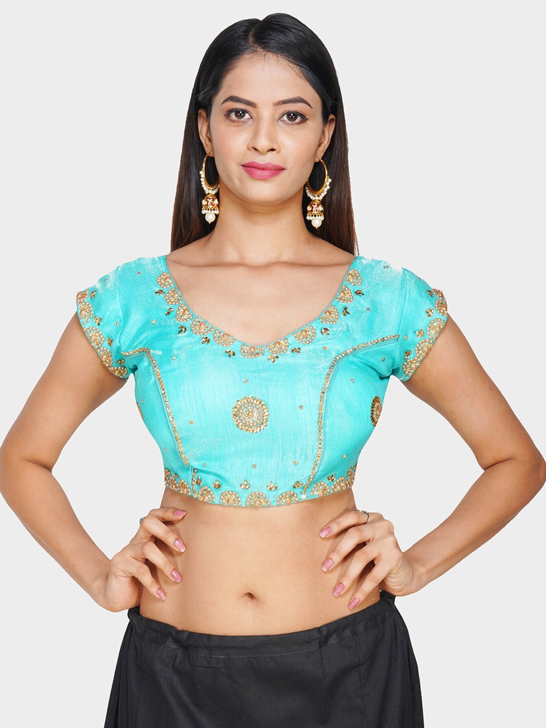 

Trendzmy Women Turquoise Blue Embroidered Silk Saree Blouse
