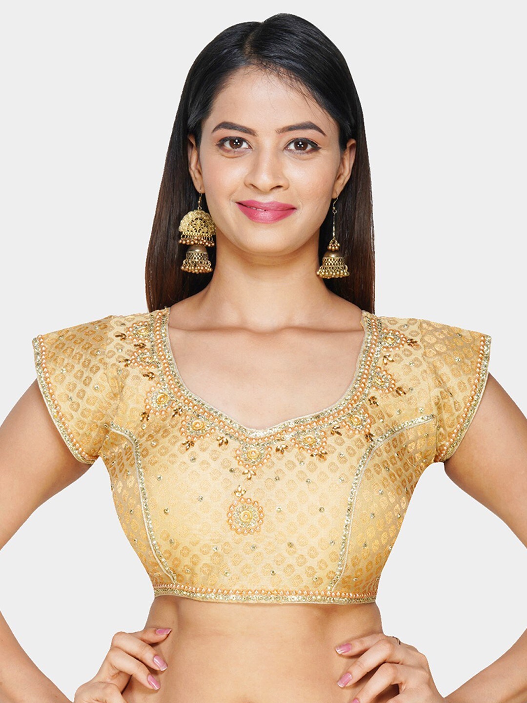 

Trendzmy Cream Coloured Embroidered Silk Saree Blouse