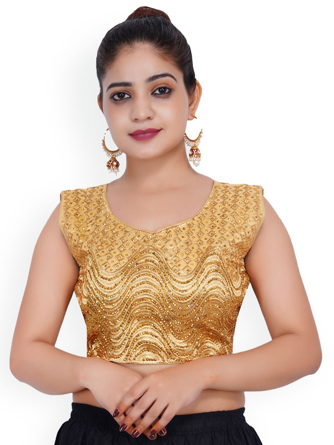 

Trendzmy Women Golden Embroidered Sleeveless Saree Blouse, Gold