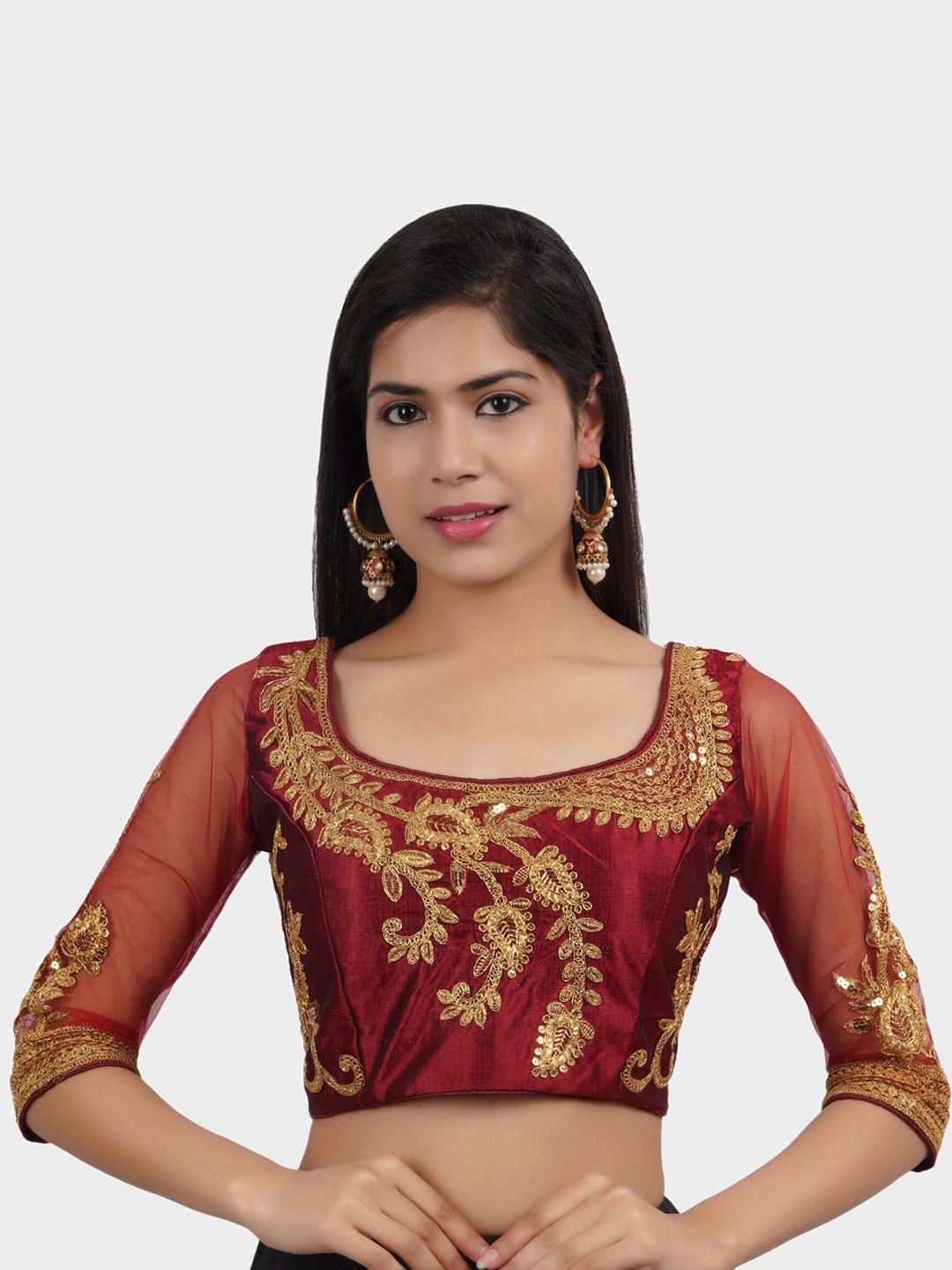 

Trendzmy Maroon Embroidered Silk Saree Blouse