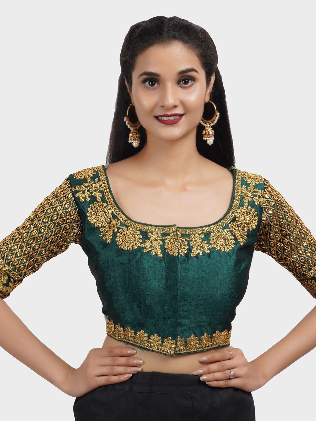 

Trendzmy Women Green Embroidered Silk Saree Blouse