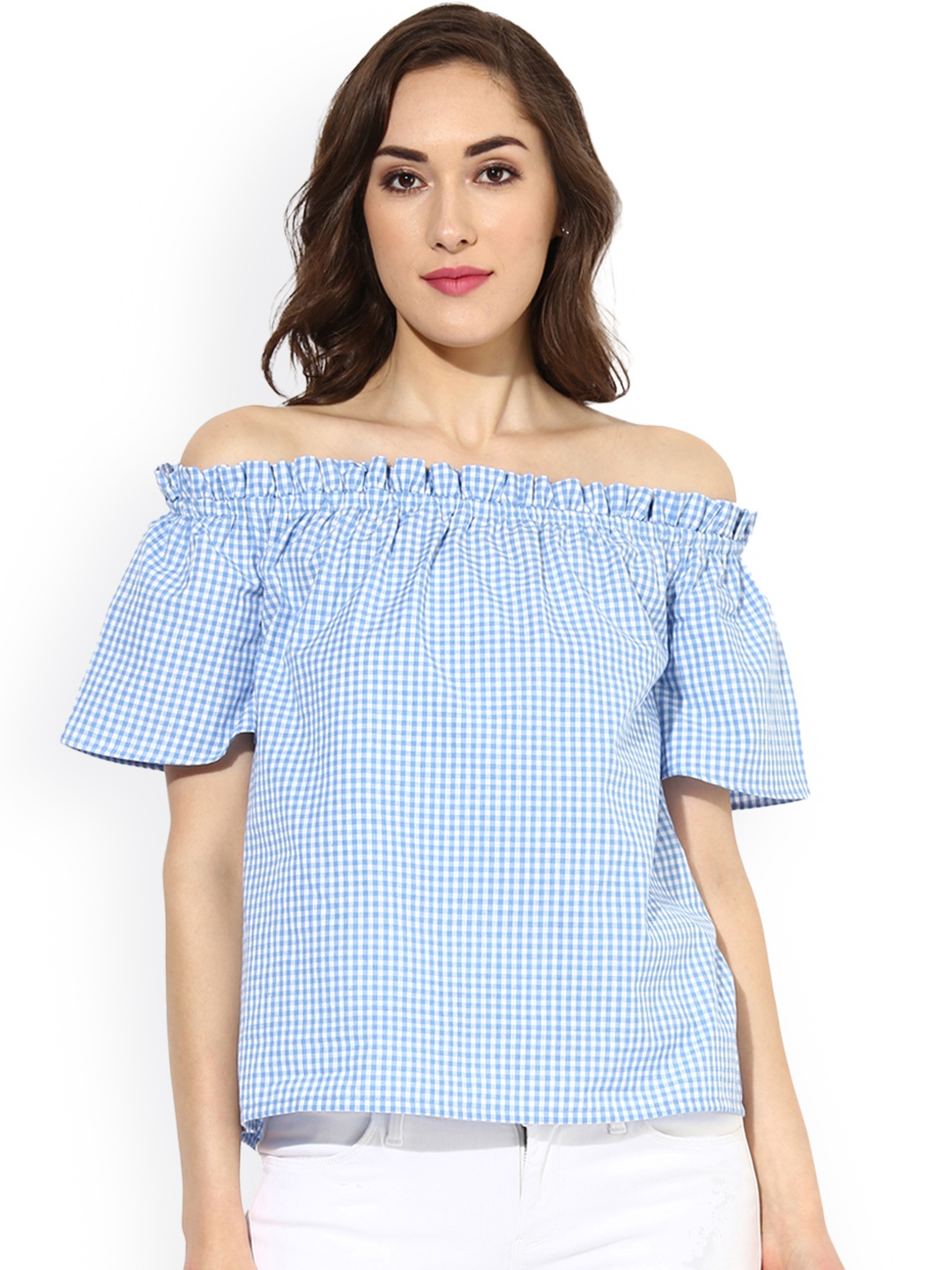

Besiva Women Blue Checked Bardot Top