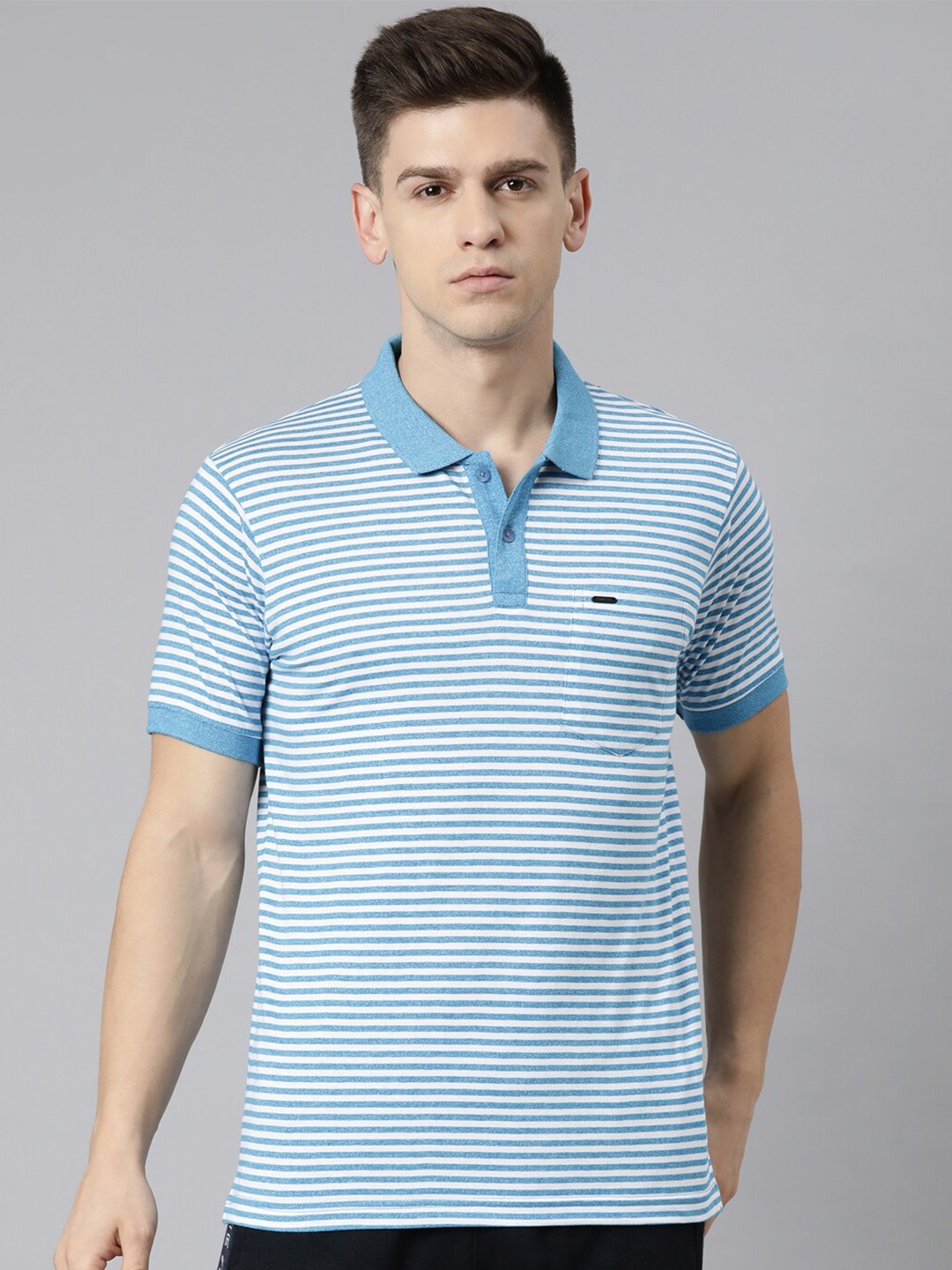 

Proline Active Men Blue Striped Polo Collar T-shirt