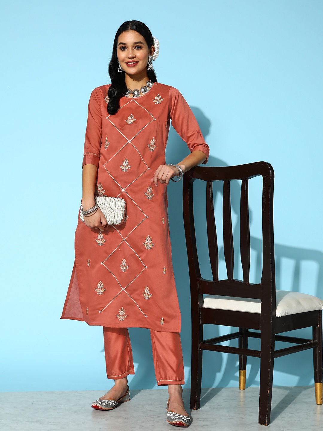 

SheWill Women Rust Ethnic Motifs Embroidered Kurta with Trousers