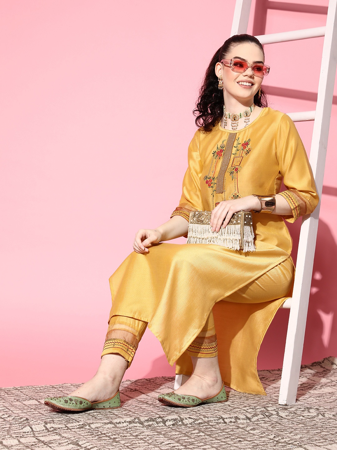 

SheWill Women Mustard Yellow Floral Zari Embroidered Kurta with Trousers