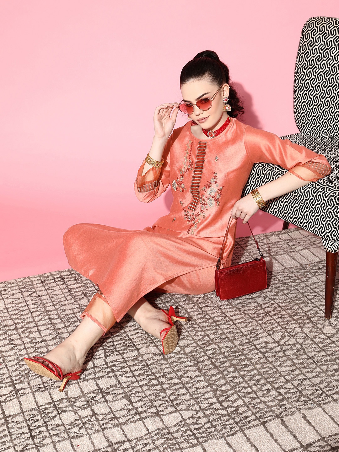 

SheWill Women Orange Floral Zari Embroidered Kurta with Trousers