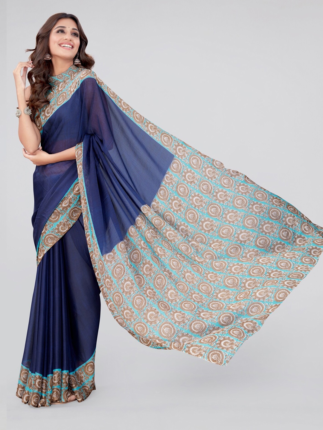 

MIRCHI FASHION Blue & Brown Saree