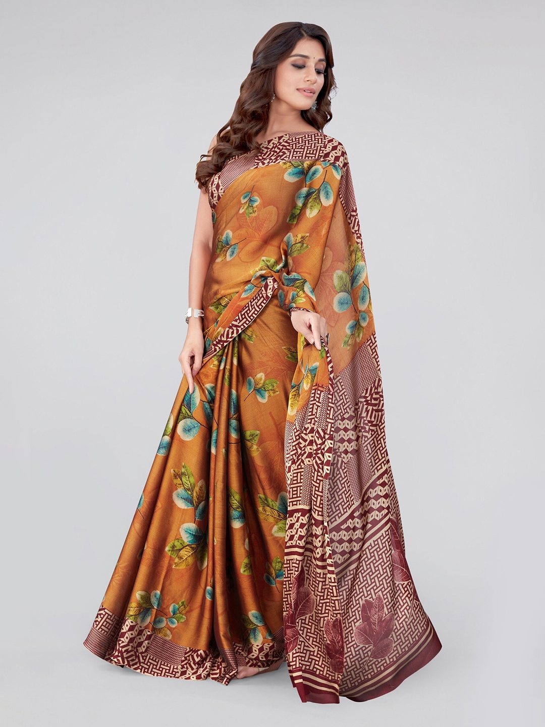 

MIRCHI FASHION Orange & Green Floral Printed Saree