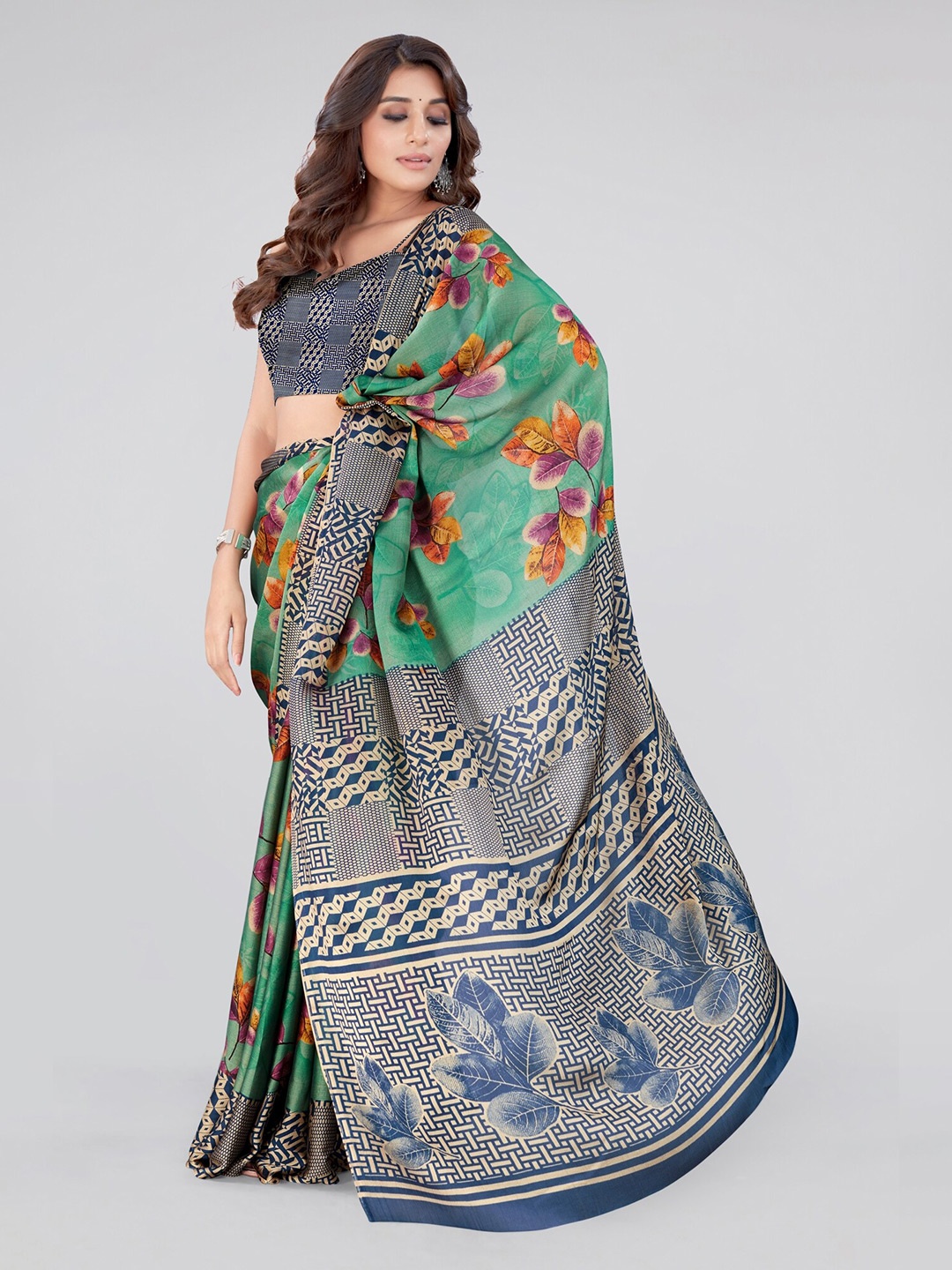 

MIRCHI FASHION Teal & Blue Floral Printed Saree