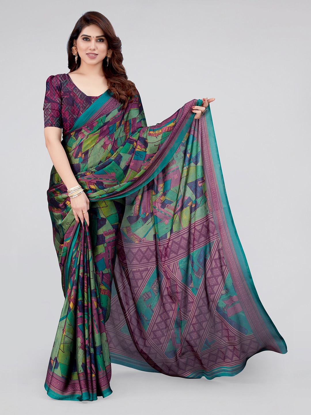 

MIRCHI FASHION Teal & Pink Abstract Printed Saree