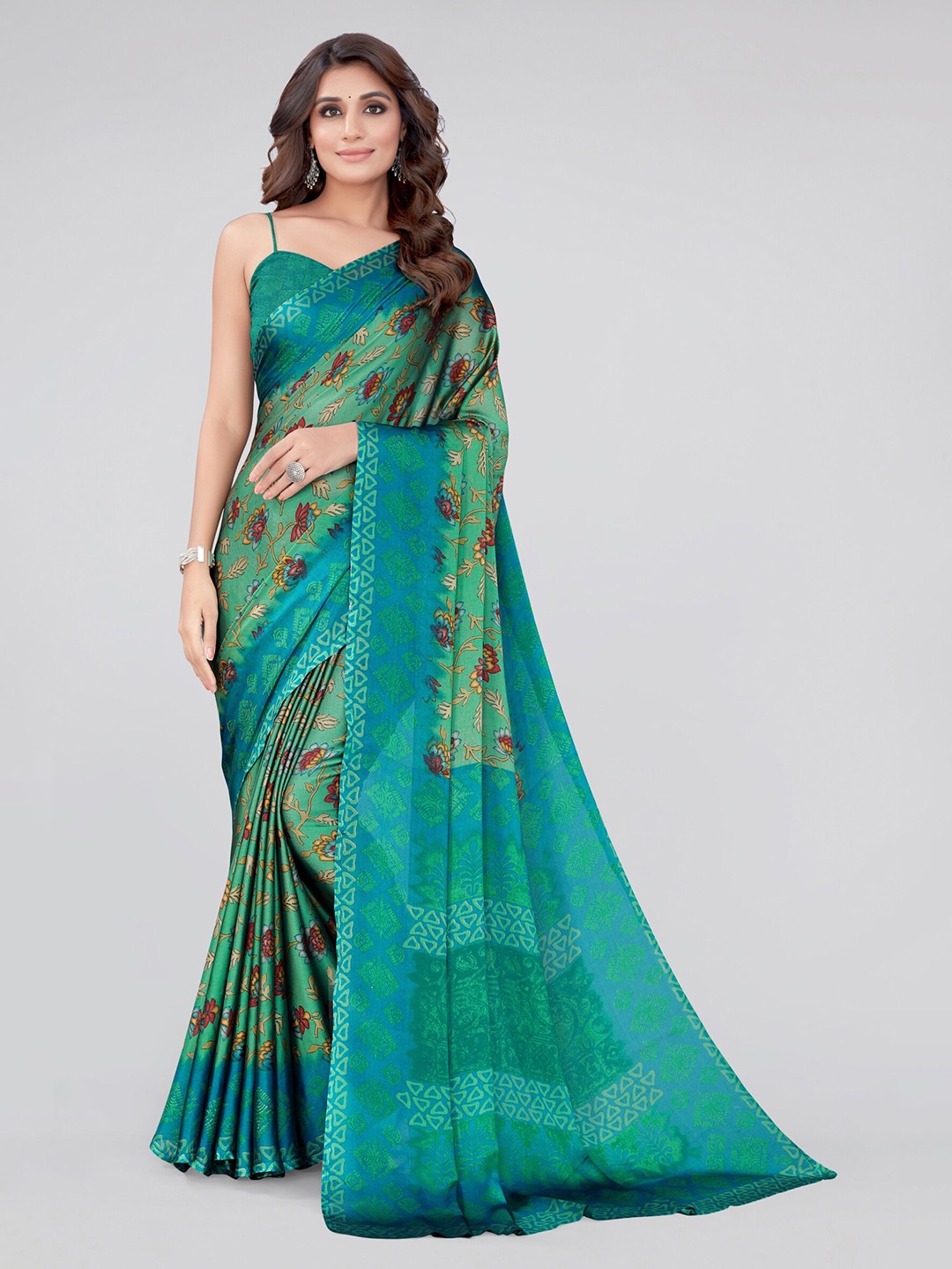 

KALINI Teal & Yellow Floral Printed Saree