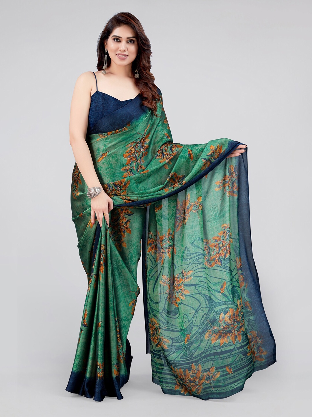 

KALINI Teal & Brown Floral Printed Saree