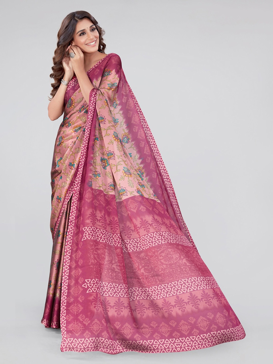 

MIRCHI FASHION Pink & Blue Floral Printed Saree