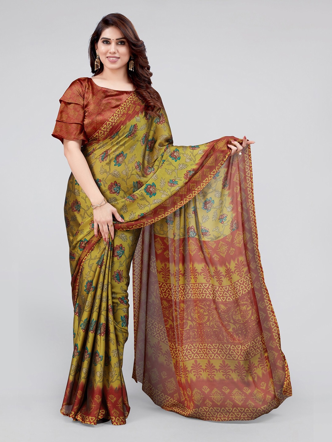 

MIRCHI FASHION Mustard & Maroon Floral Printed Saree