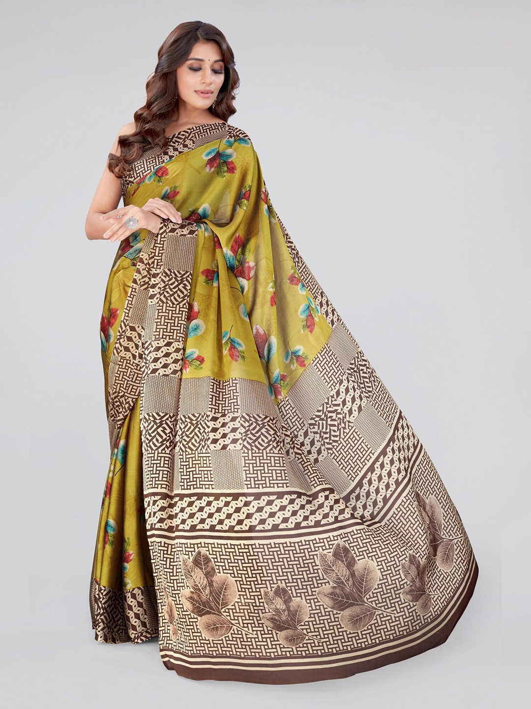 

MIRCHI FASHION Mustard & Brown Floral Printed Saree