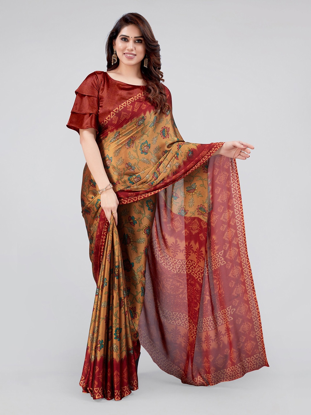 

MIRCHI FASHION Orange & Red Floral Printed Saree