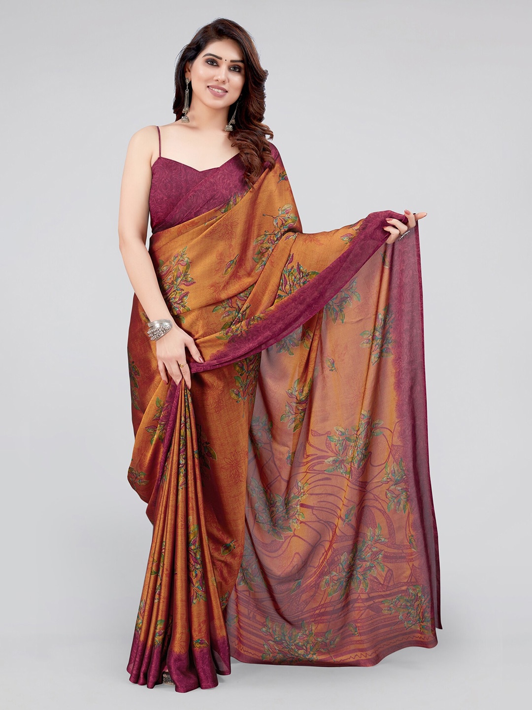 

MIRCHI FASHION Orange & Green Floral Printed Saree