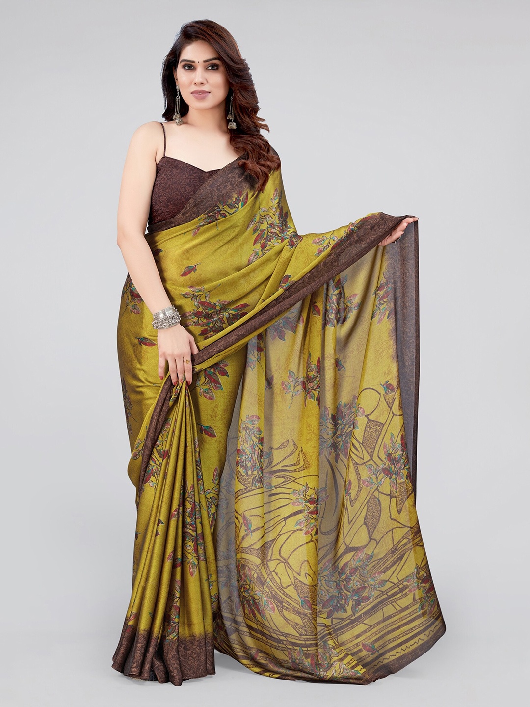 

MIRCHI FASHION Mustard & Brown Floral Printed Saree