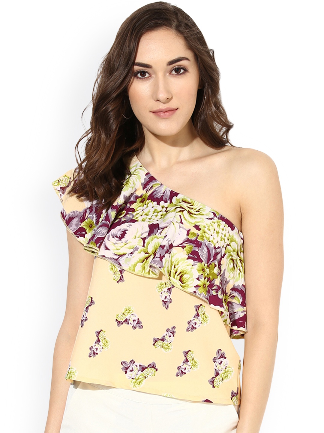 

Besiva Women Yellow Printed One Shoulder Top