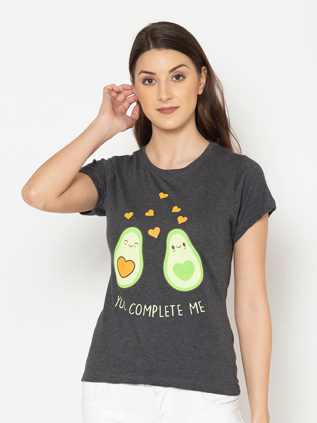 

Lounge Dreams Women Grey Printed Extended Sleeves Pure Cotton T-shirt