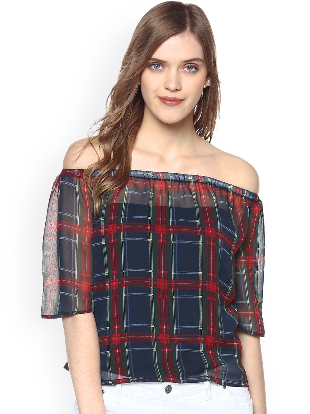 

Besiva Women Blue & Red Checked Bardot Top