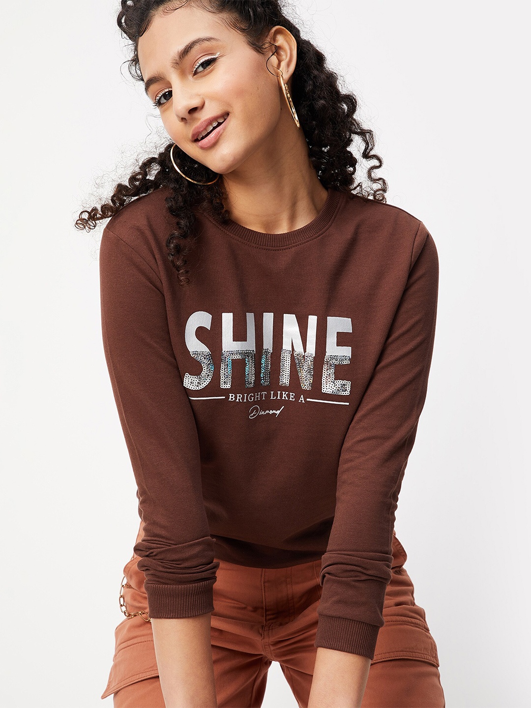 

max Women Brown Printed Cotton Sweatshirt