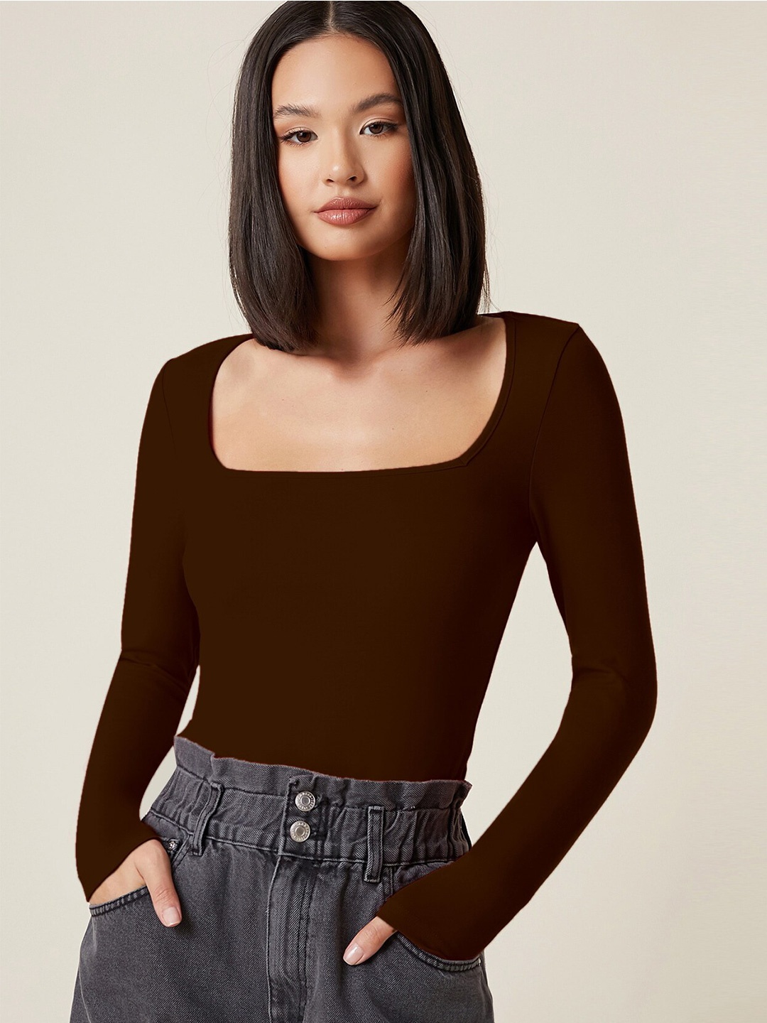 

AAHWAN Women Solid Square Neck Top, Brown