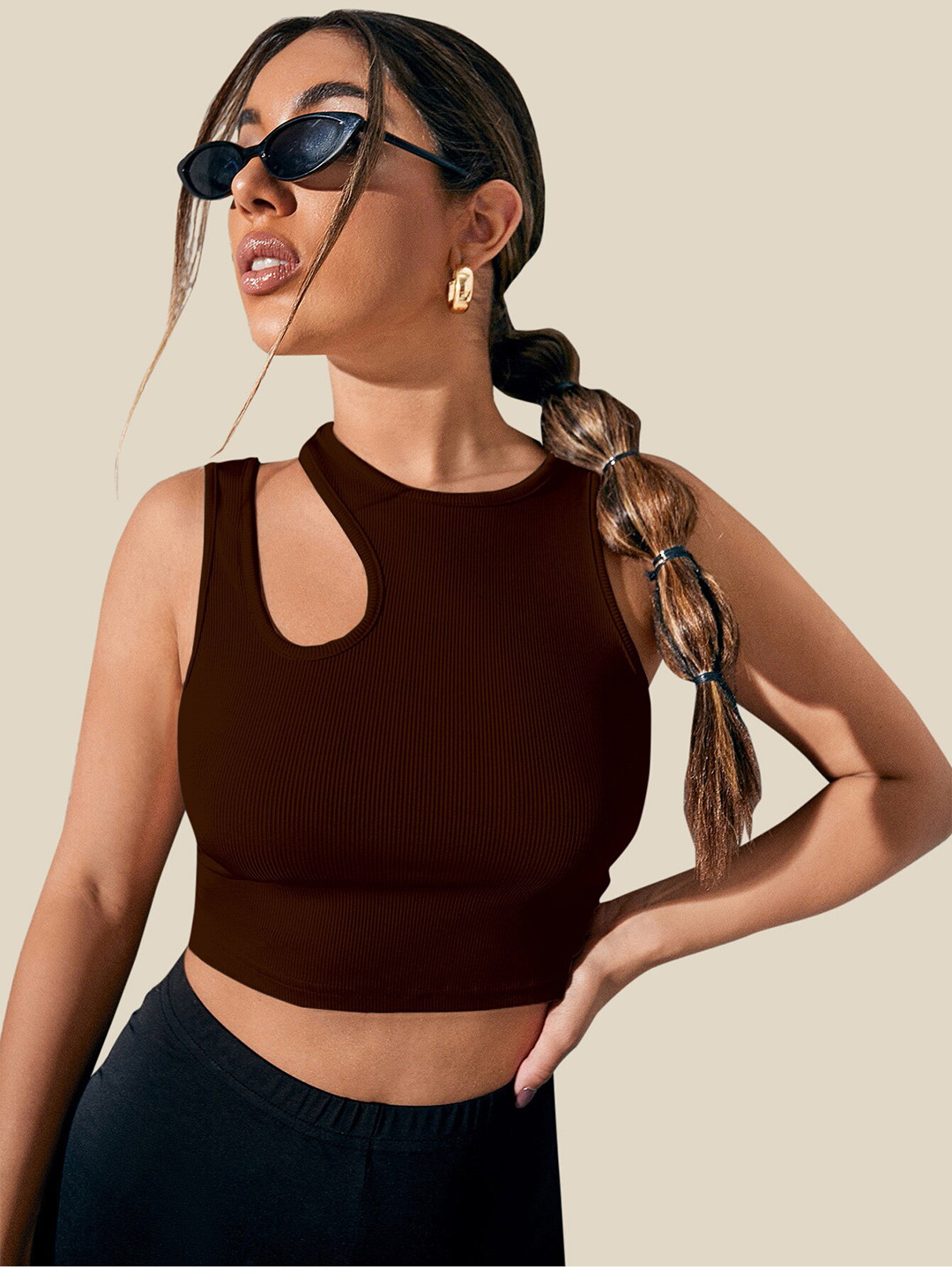 

AAHWAN Women Solid Cutout Crop Top, Brown