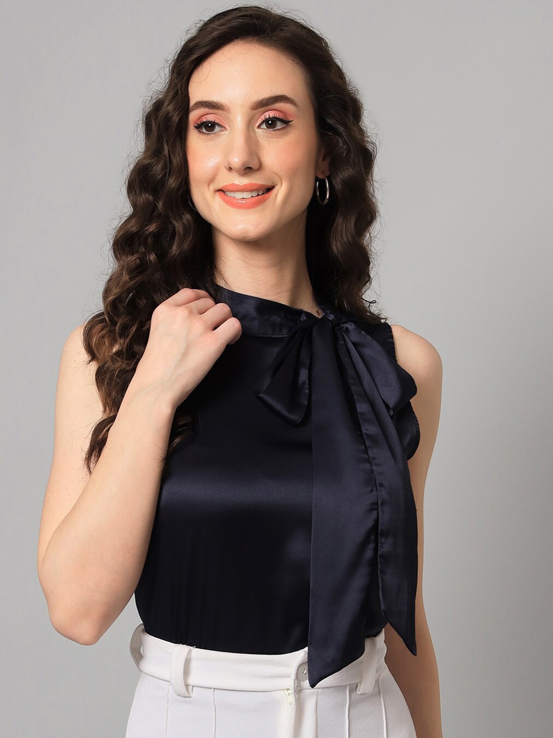 

PURYS Women Navy Blue Tie-Up Neck Satin Top