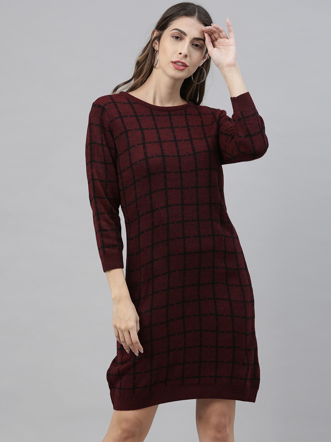 

Annabelle by Pantaloons Women Burgundy & Black Checked Sweater Dress