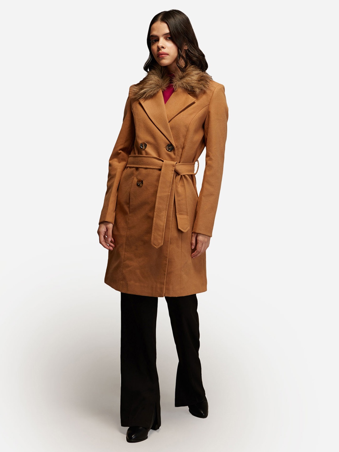 

20Dresses Women Brown Solid Double-Breasted Overcoat