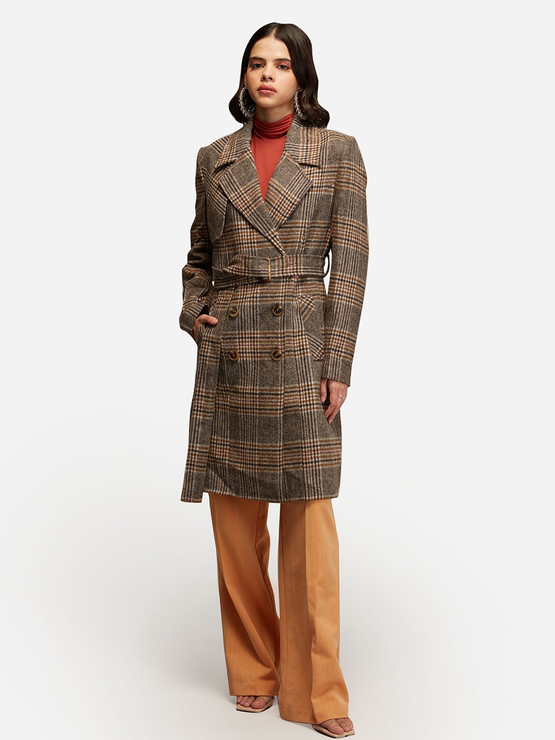 

20Dresses Women Grey & Brown Checked Overcoat