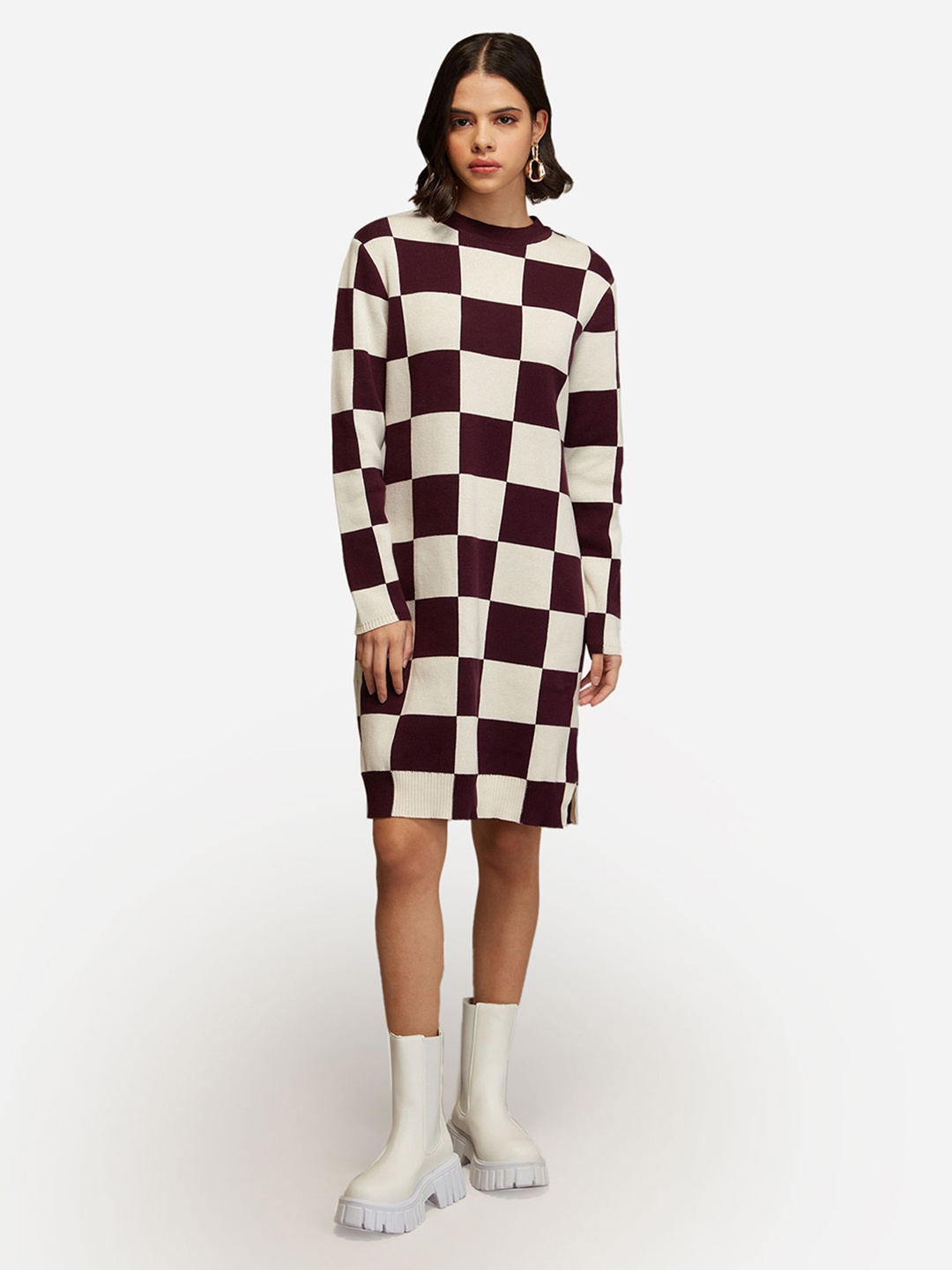 

20Dresses Maroon & Cream-Coloured Checked Sheath Sweater Dress