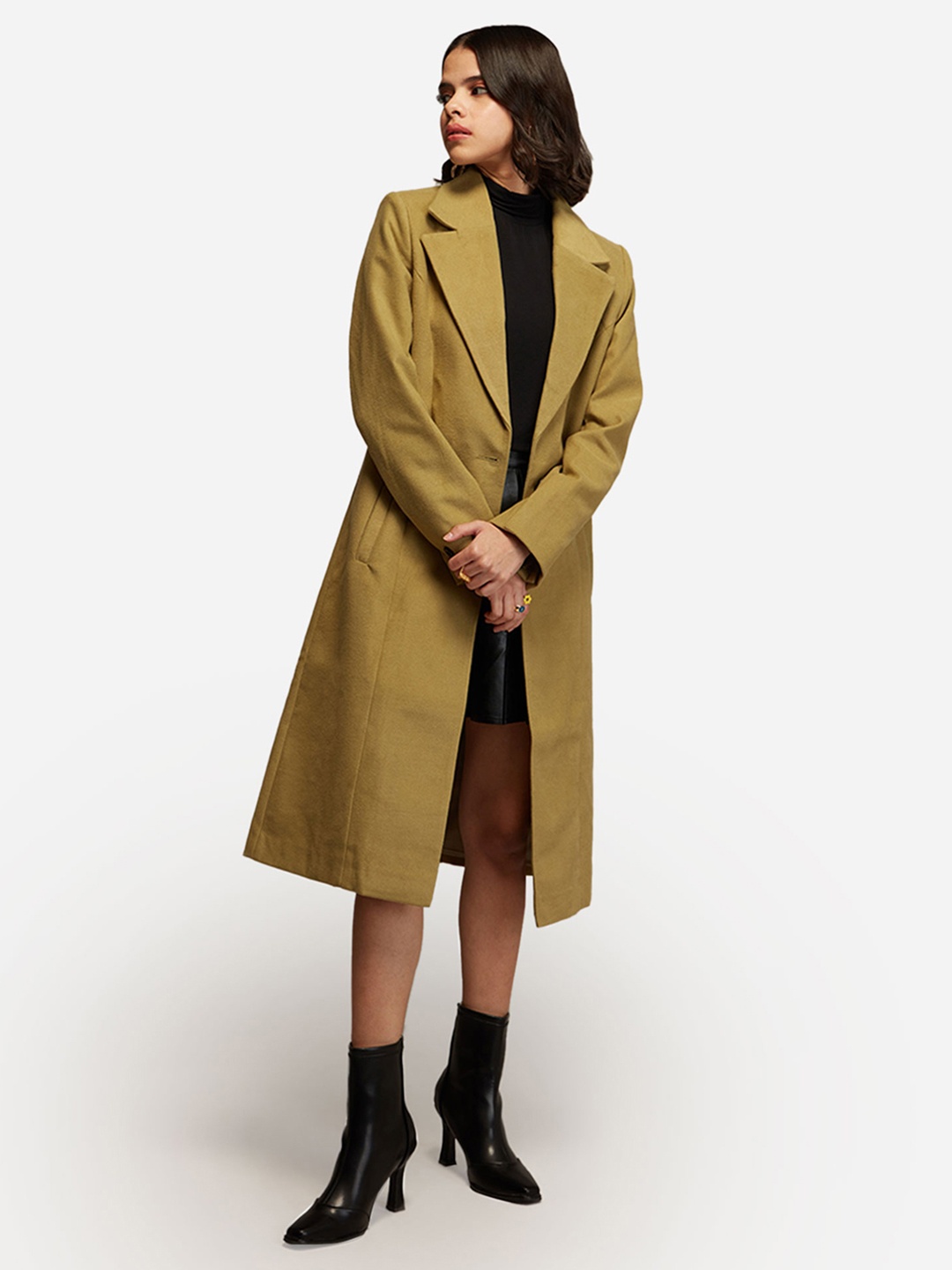 

20Dresses Women Pistachio Green Solid Single-Breasted Mid Calf Overcoat, Mustard