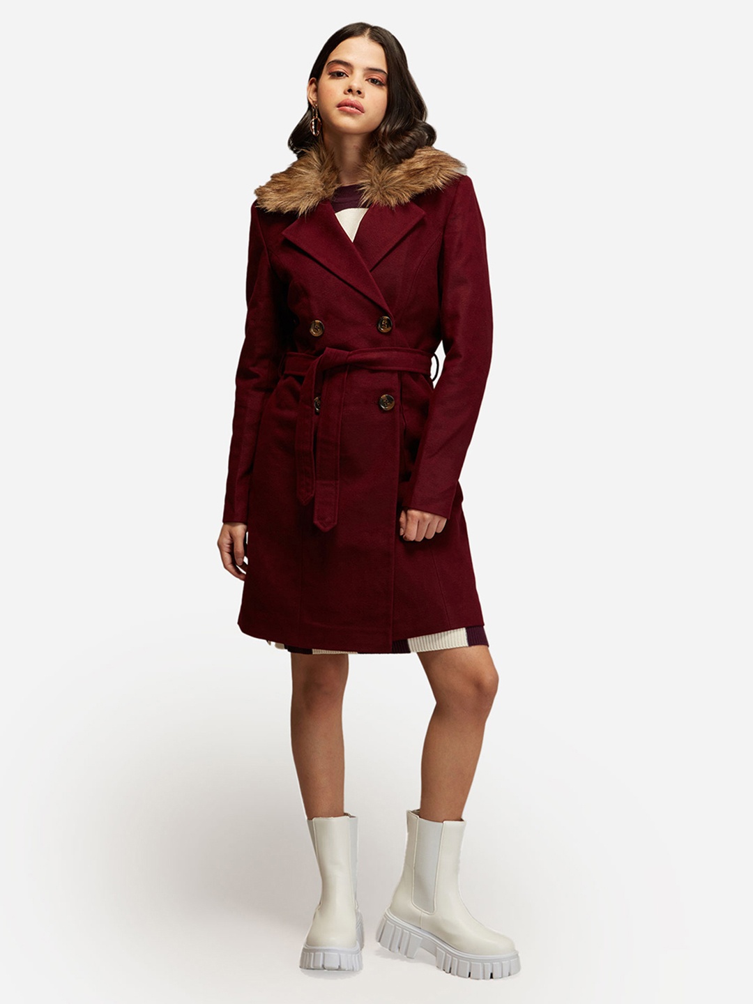 

20Dresses Women Maroon Solid Double-Breasted Overcoat