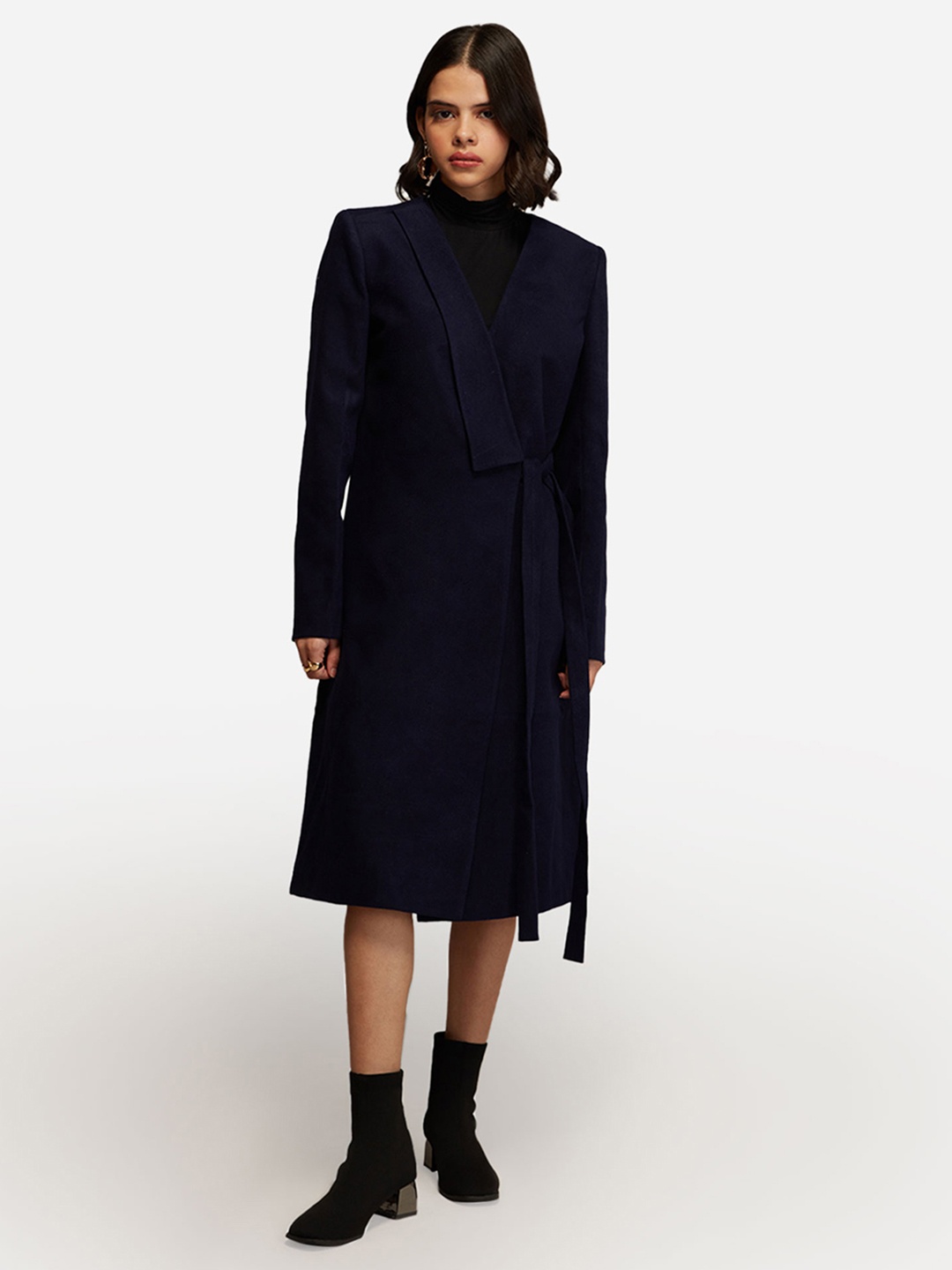 

20Dresses Women Navy Blue Solid Tie Up Overcoat