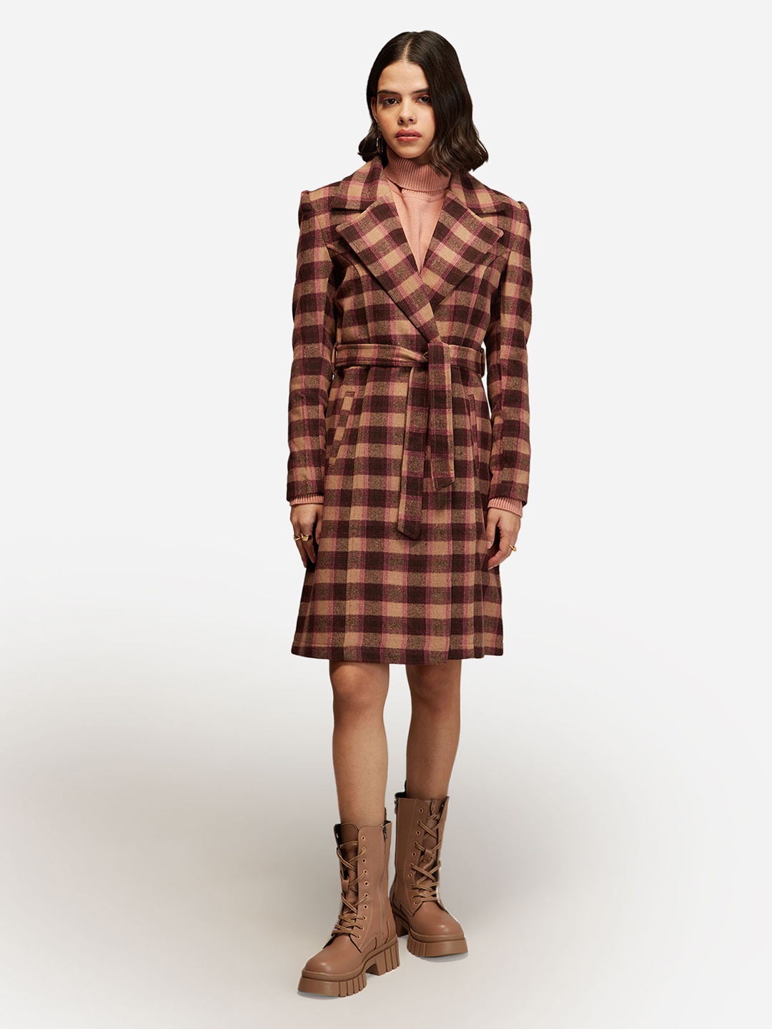 

20Dresses Women Maroon & Cream-Coloured Checked Knee-Length Overcoat