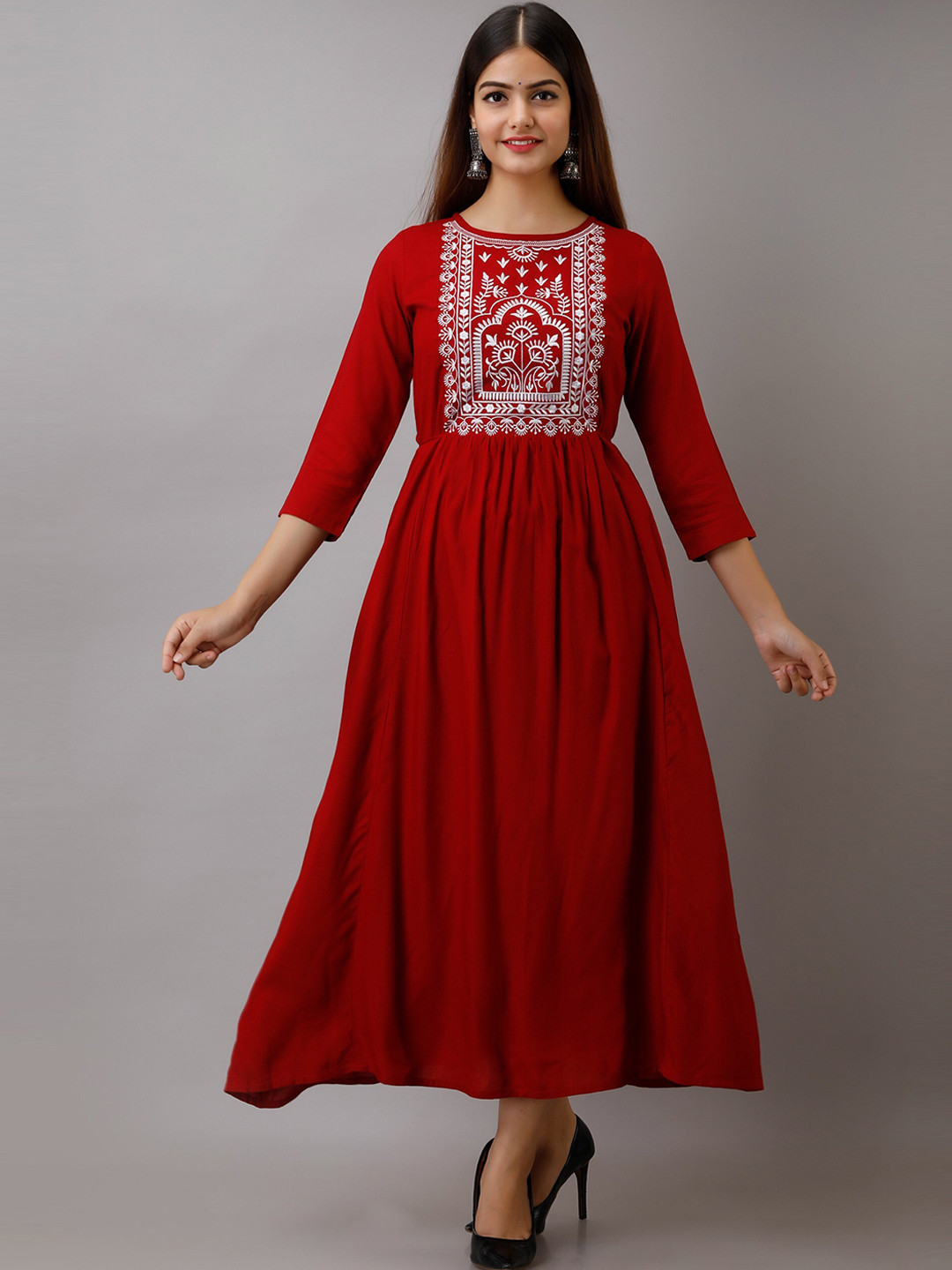 

Women Touch Maroon Solid Embroided Ethnic Maxi Dress