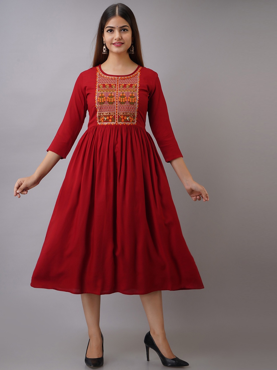 

Women Touch Maroon Ethnic Solid Embroided Midi Dress