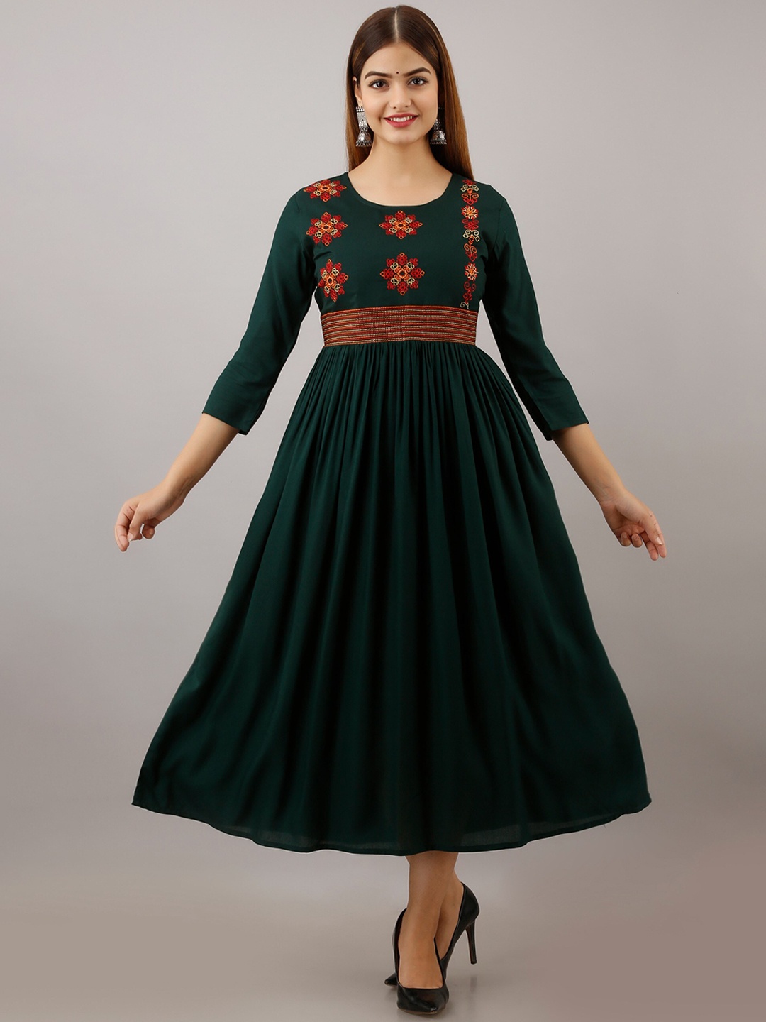 

Women Touch Green Ethnic Solid Embroided Midi Dress