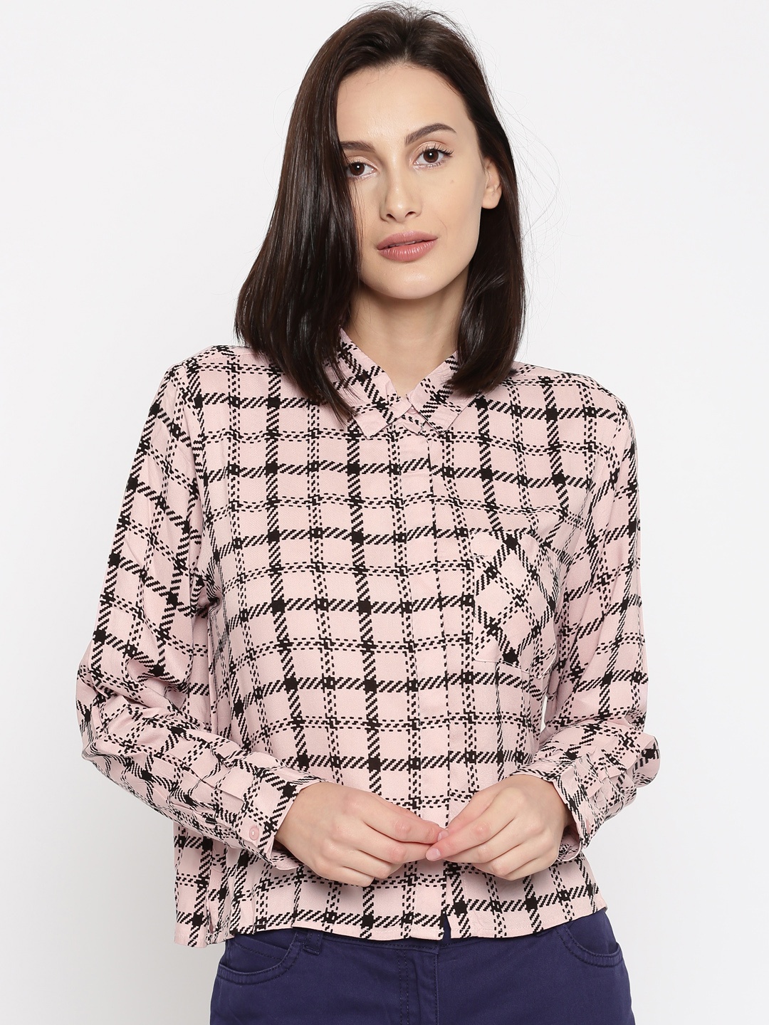 

Honey by Pantaloons Women Pink & Black Regular Fit Checked Casual Shirt