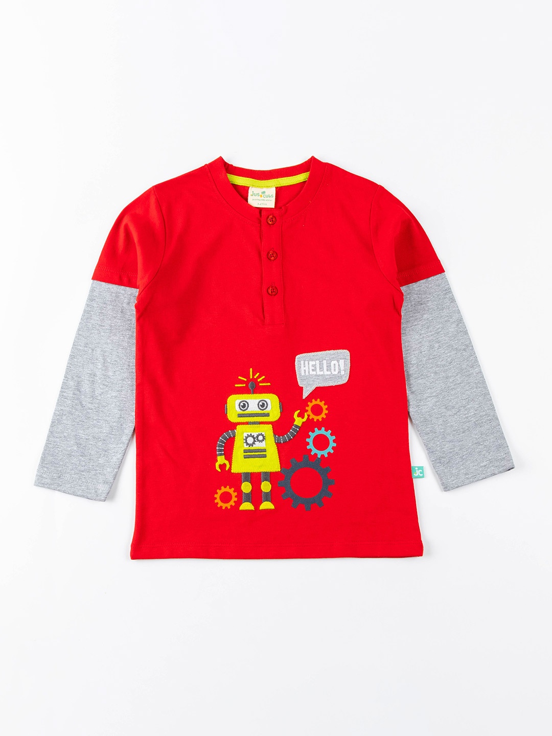 

JusCubs Boys Red & Grey Graphic Printed Henley Neck Cotton T-shirt