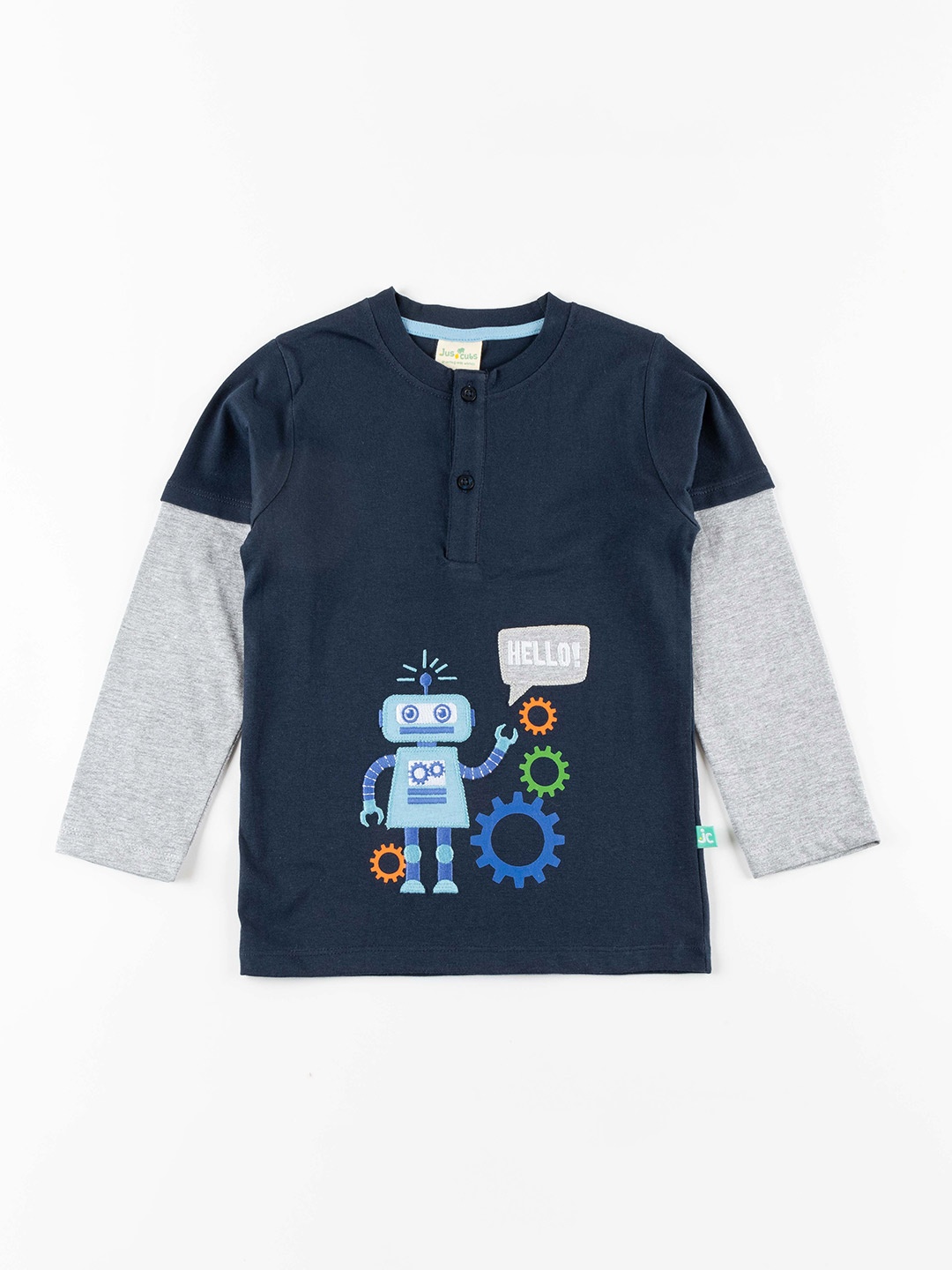 

JusCubs Boys Navy Blue Printed Henley Neck Pure Cotton T-shirt
