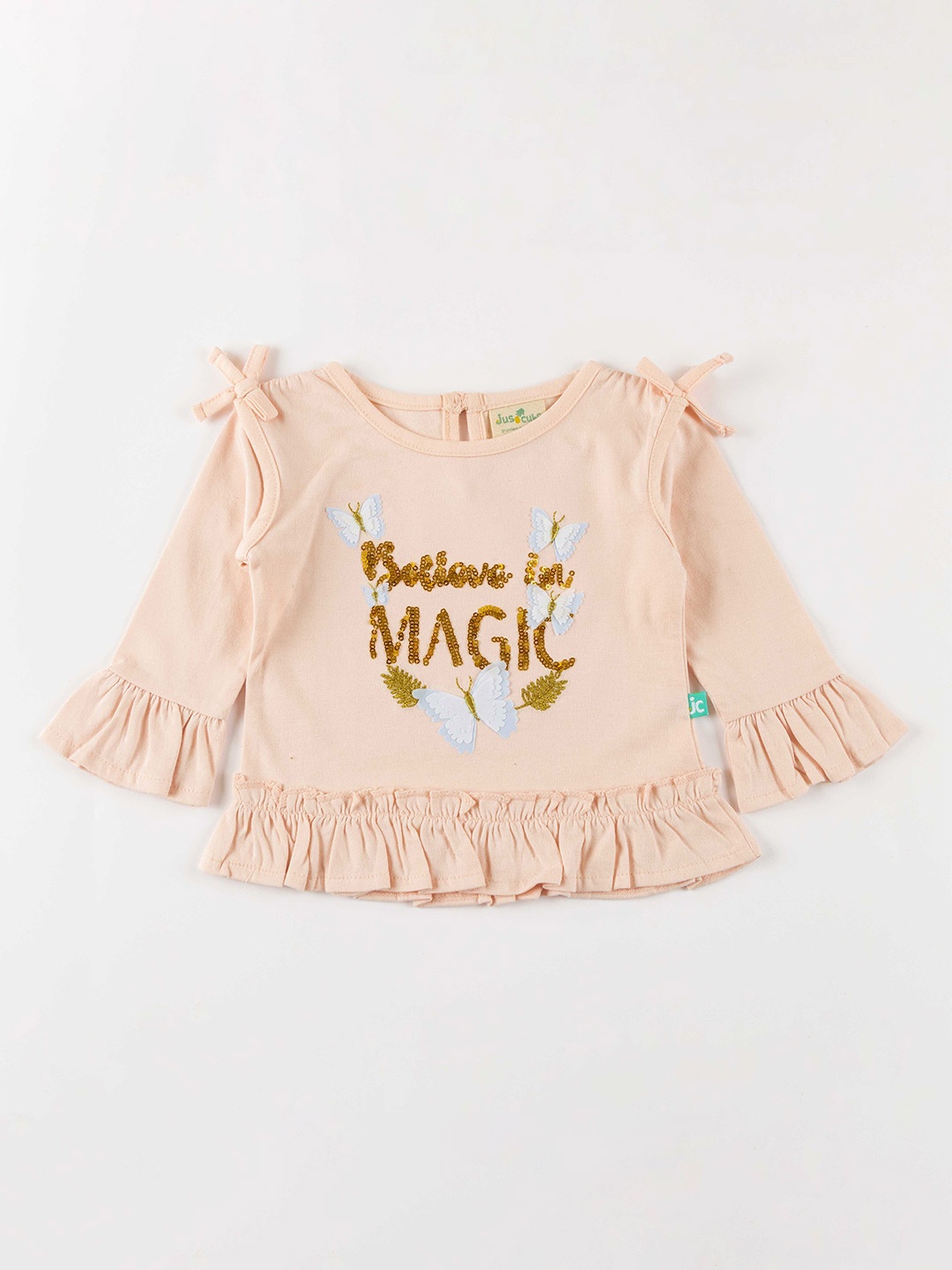 

JusCubs Girls Peach Self Design Embellished Cotton T-shirt