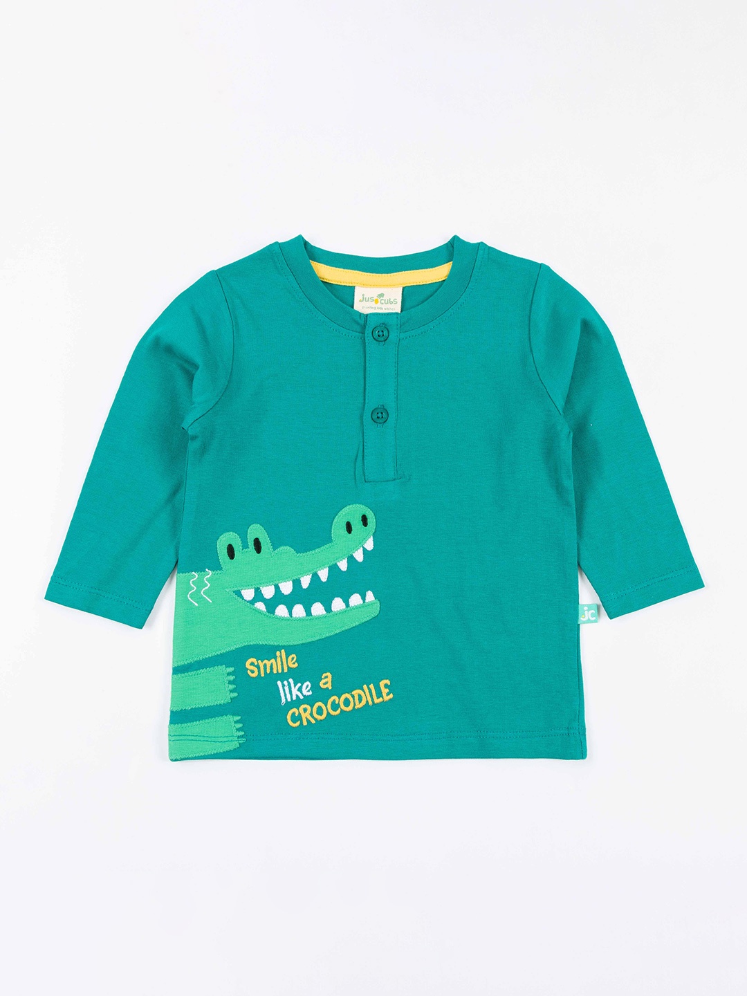 

JusCubs Boys Green Typography Striped Henley Neck Applique T-shirt
