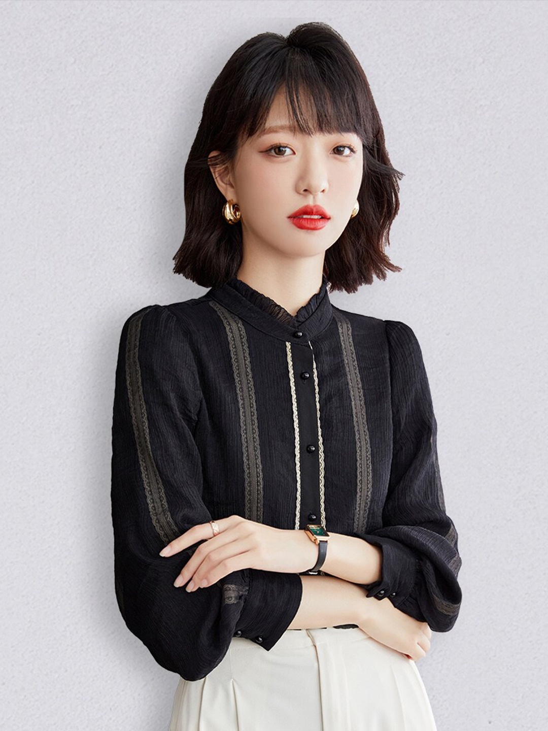 

JC Collection Women Black Puff Sleeves Casual Shirt