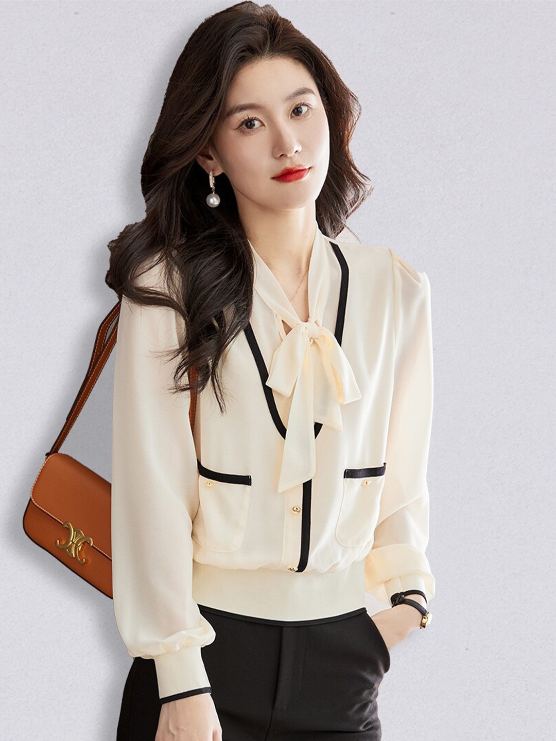 

JC Collection Cream-Coloured & Black Tie-Up Neck Shirt Style Top