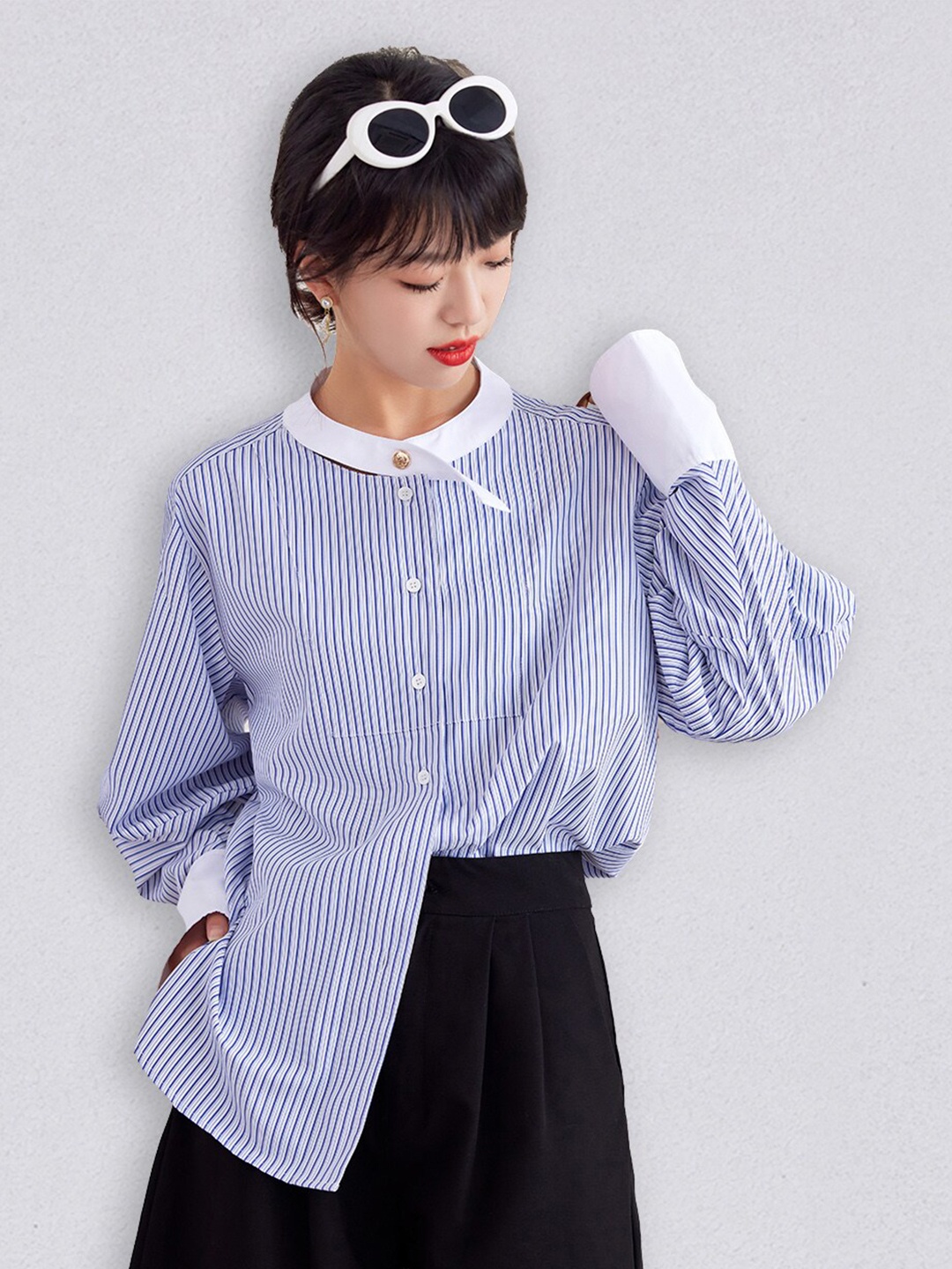 

JC Collection Women Blue Pinstripes Striped Casual Shirt